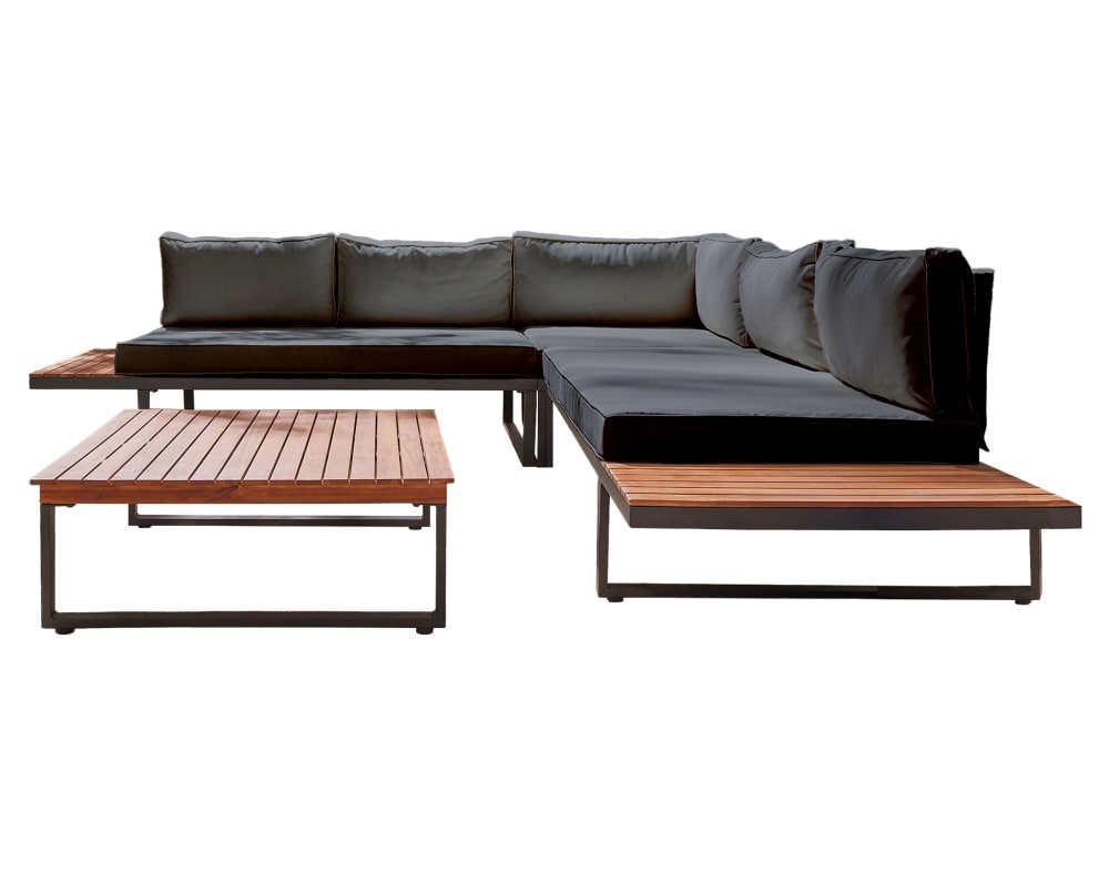 Salon de jardin 5 places en métal, bois d'acacia, tissu noir / bois /