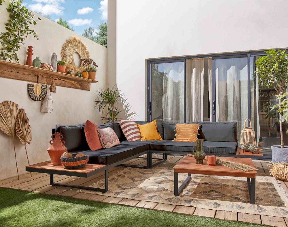 Salon de jardin 5 places en métal, bois d'acacia, tissu noir / bois /