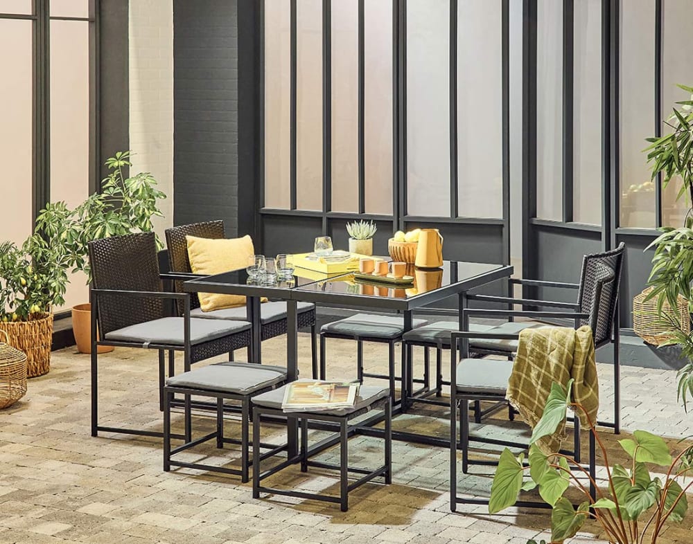 Salon de jardin 8 places en acier noir / gris