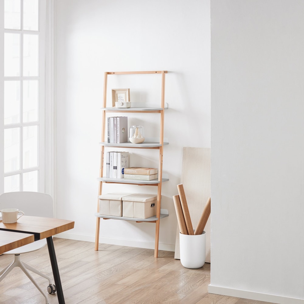 Étagère échelle minimaliste sur pieds à 4 niveaux effet bois gris