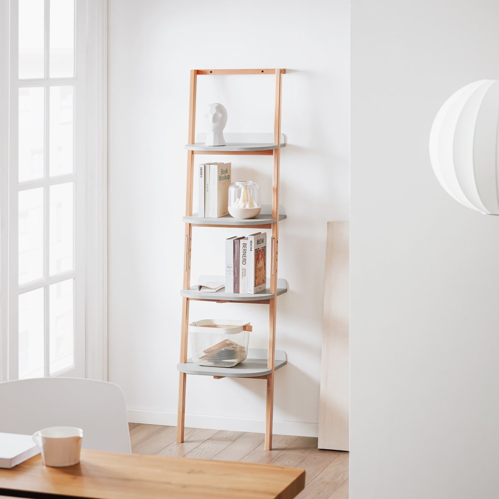 Étagère échelle minimaliste sur pieds à 4 niveaux effet bois gris