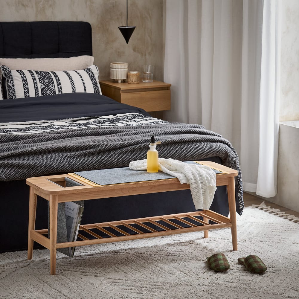 Banc à Chaussures bout de lit avec porte-revues effet bois