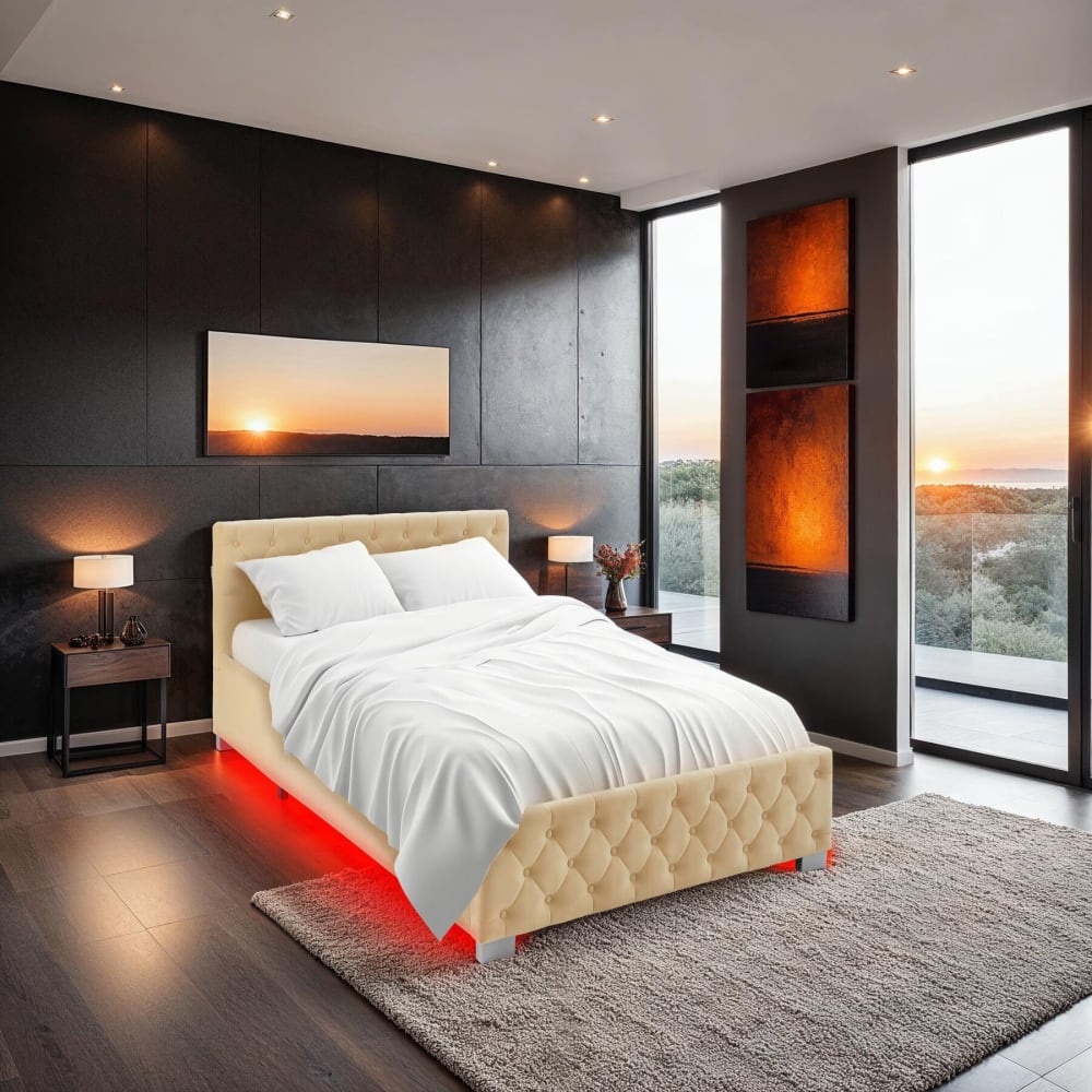 Lit capitonné avec bandes LED et espace de rangement 140x200 beige