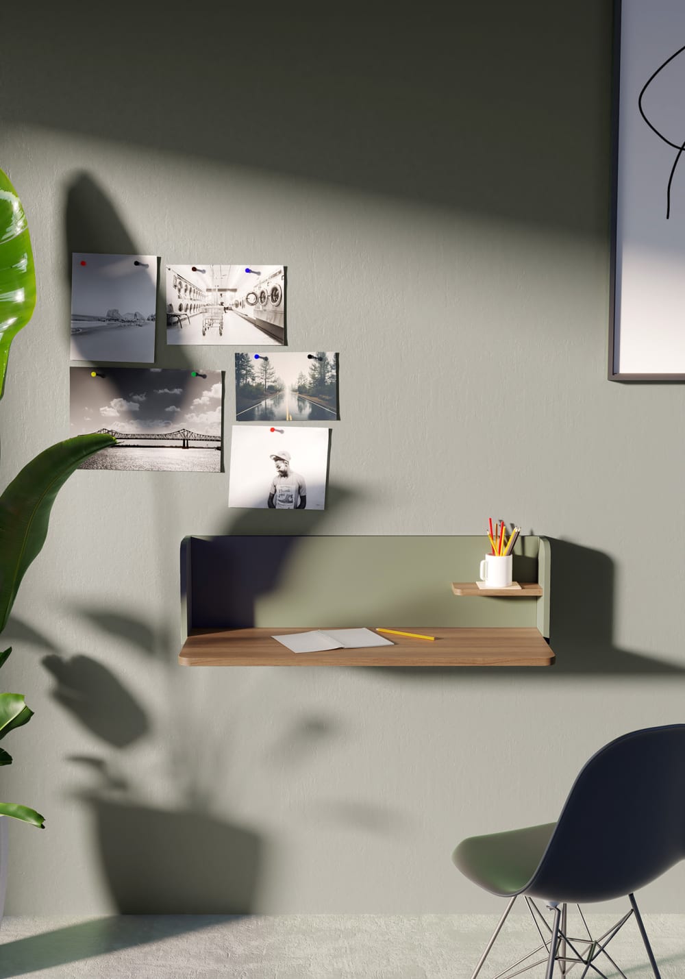 Bureau mural en mélaminé noyer et vert 25x90x35 cm