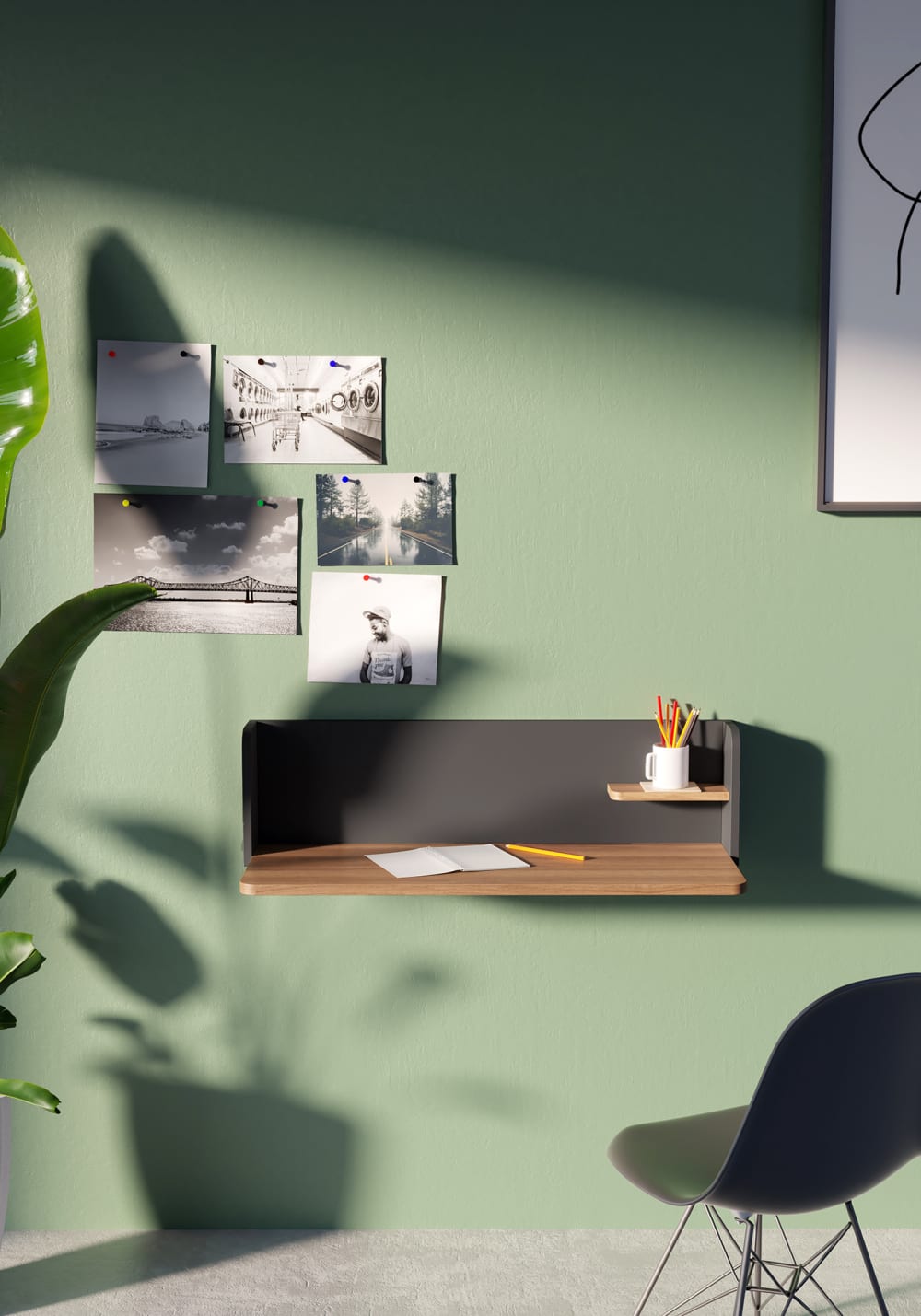 Bureau mural en mélaminé noyer et graphite 25x90x35 cm