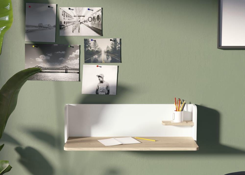 Bureau mural en mélaminé chêne clair et blanc 25x90x35 cm