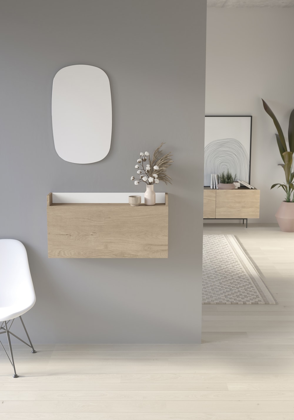 Wand-Schreibtisch 1 Tür in melaminierter Eiche und Weiß 42x80x47