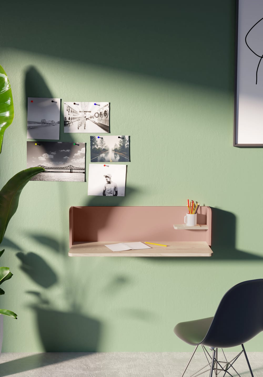 Bureau mural en mélaminé chêne clair et rose 25x90x35 cm