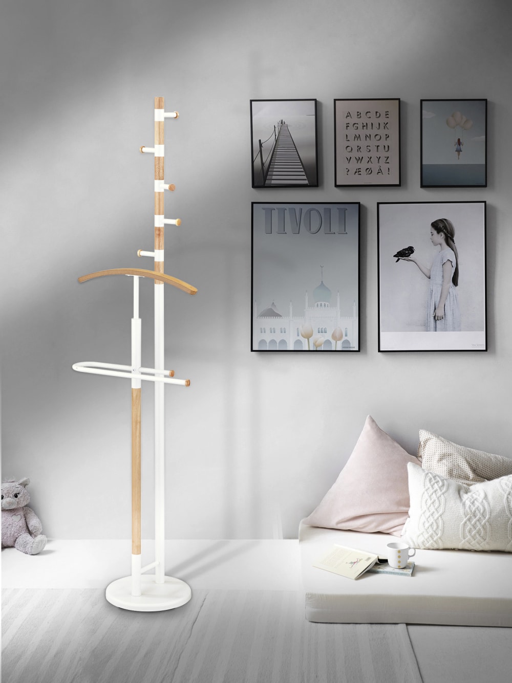 Portemanteau et valet de nuit en bois chêne et blanc 178x47x31 cm