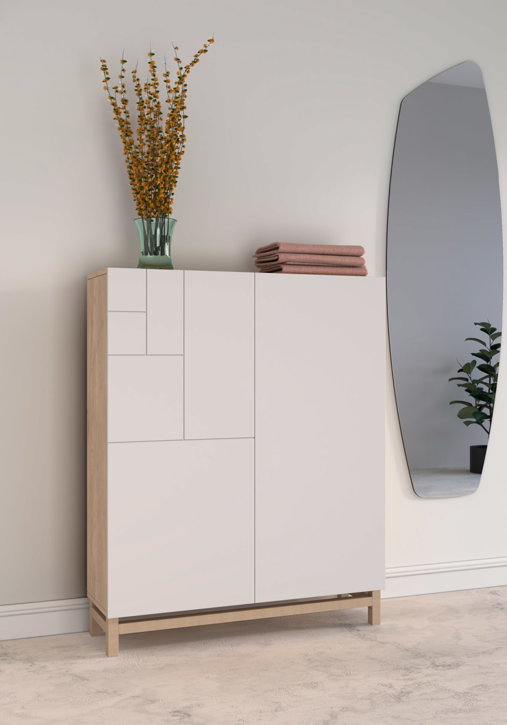 Meuble à chaussures mélaminé chêne clair portes blanches 112x90x27