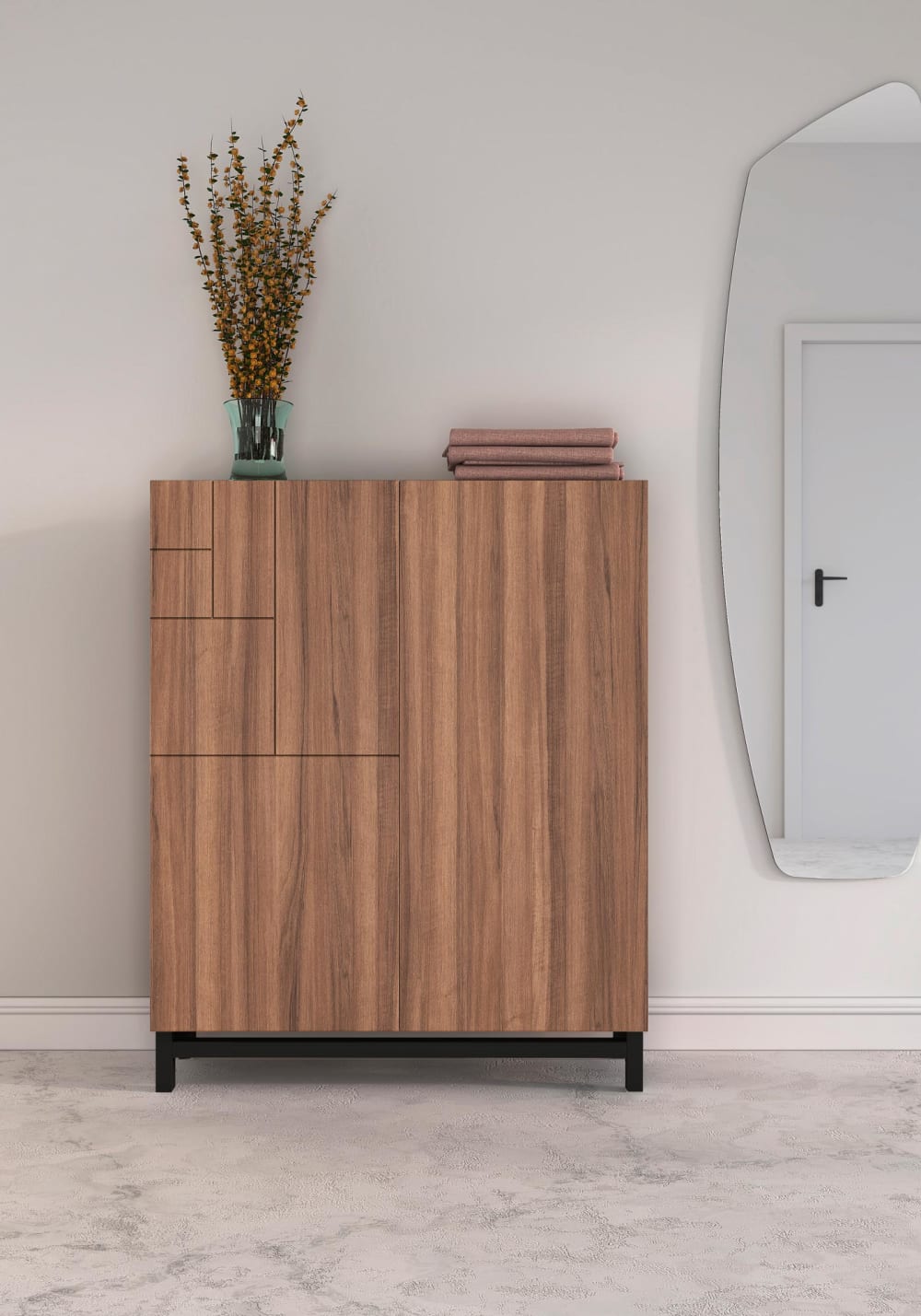 Schuhschrank aus Melamin Nussbaum mit schwarzen Füßen 112x90x27 -