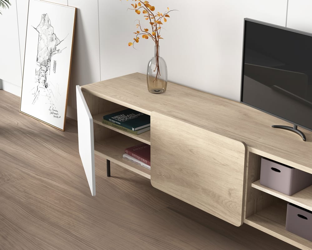 Meuble tv en mélaminé chêne clair et blanc pieds graphite 54x180x44