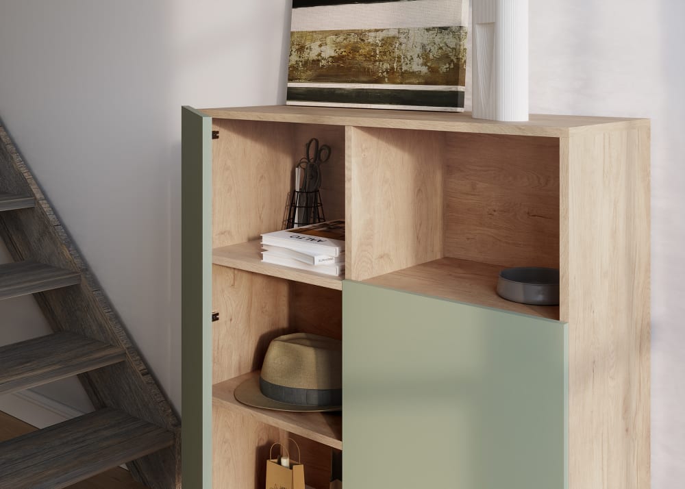 Sideboard mit 1 Fach, Melamin Eiche - Grün, Füße in Graphit