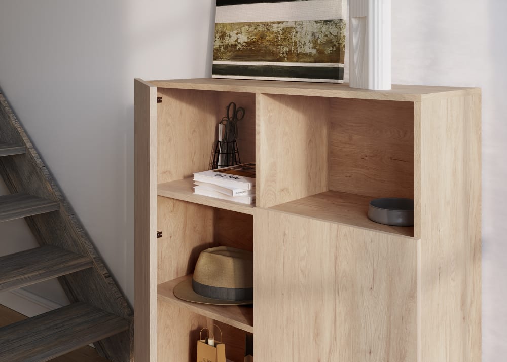 Sideboard mit 1 Fach, Melamin in Eiche, Füße in Graphit 110x90x34