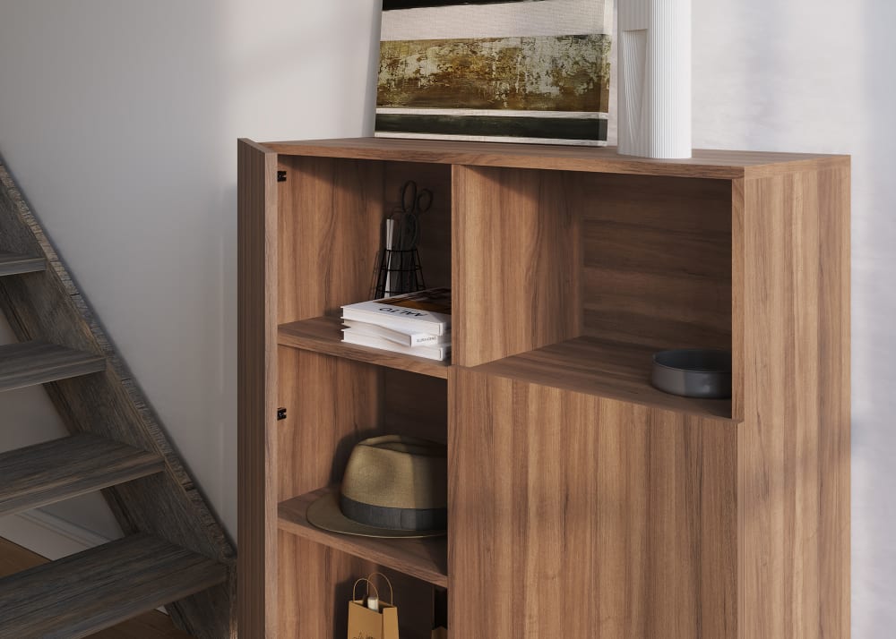 Sideboard mit 1 Fach, Melamin Nussbaum, Füße Graphit 110x90x34 -