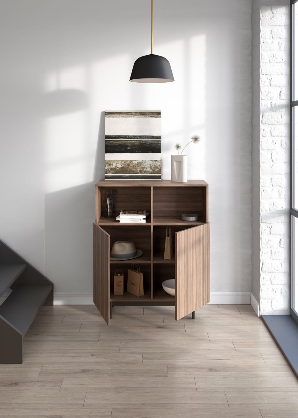 Sideboard mit 2 Fächern, Melamin Nussbaum, Füße in Graphit