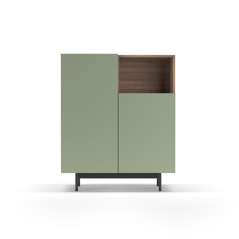 Buffet 1 niche en mélaminé noyer et vert pieds graphite 110x90x34 cm