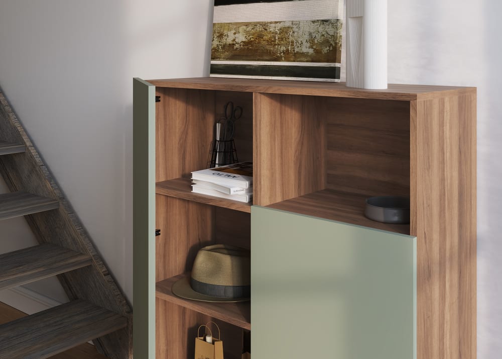Sideboard mit 1 Fach, Melamin Nussbaum - Grün, Füße Graphit