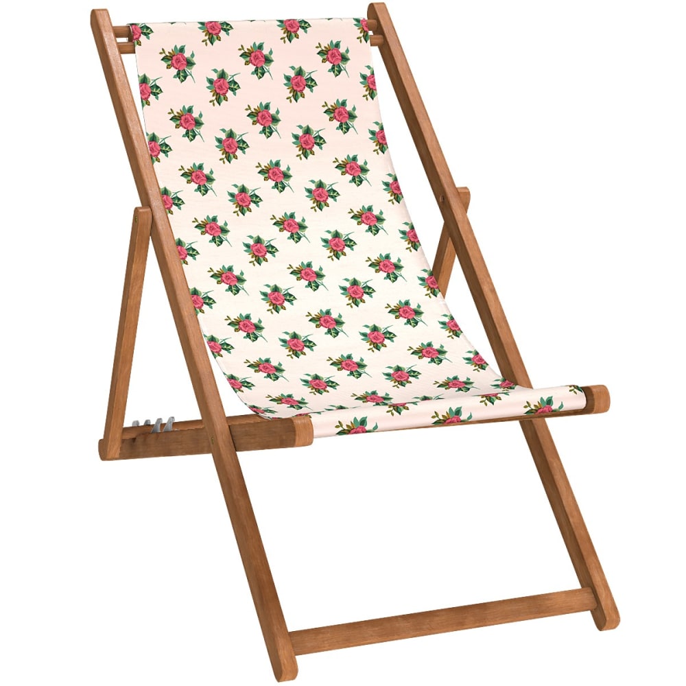 Chilienne pliante en hêtre lasuré et toile imprimé fleuri blanc