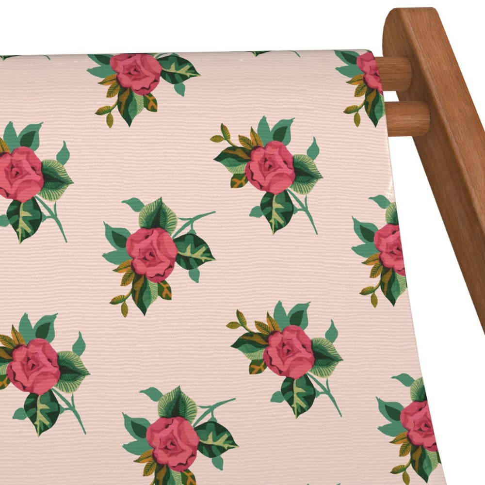 Chilienne pliante en hêtre lasuré et toile imprimé fleuri blanc