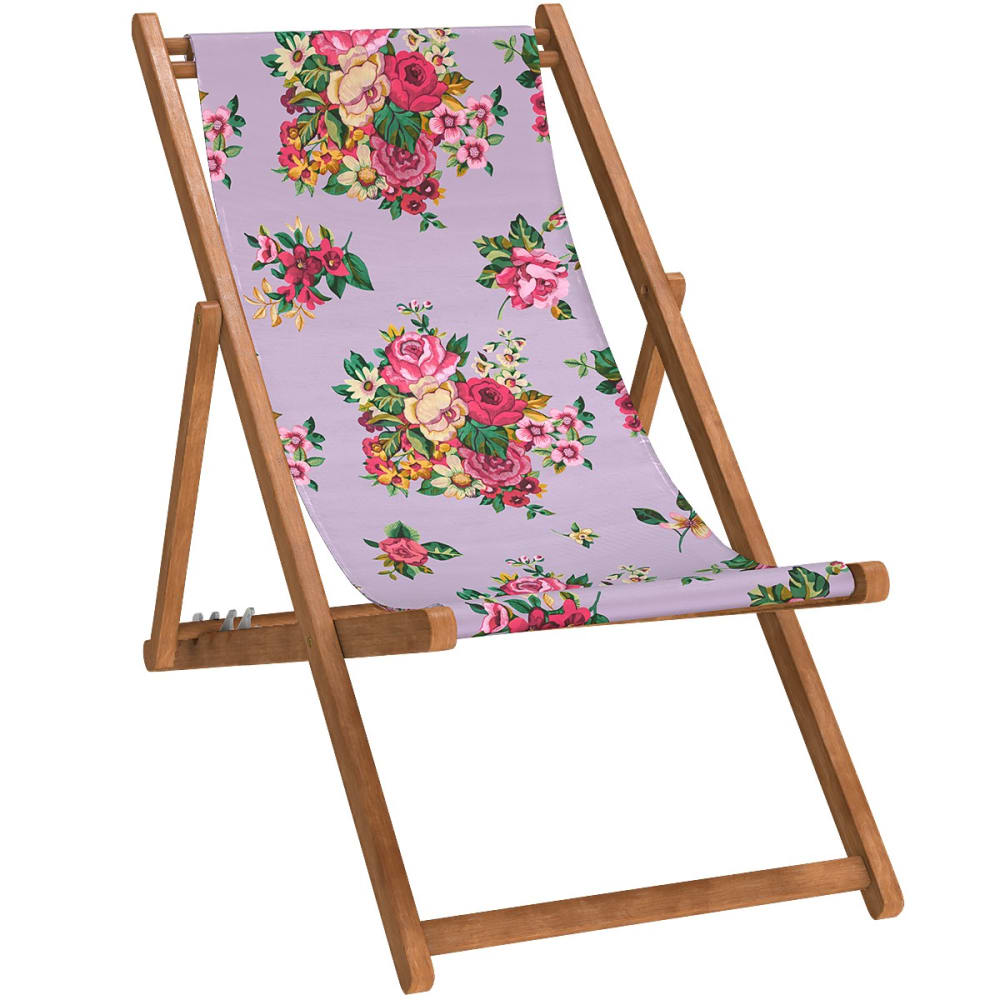 Chilienne pliante en hêtre lasuré et toile imprimé fleuri lila