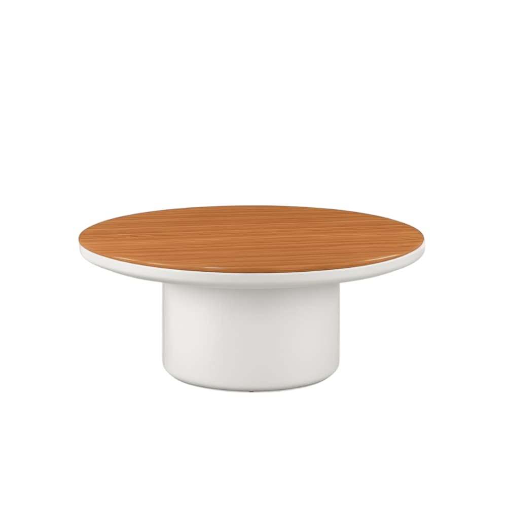 Table basse blanche en aluminium et teck D90 x H37 cm