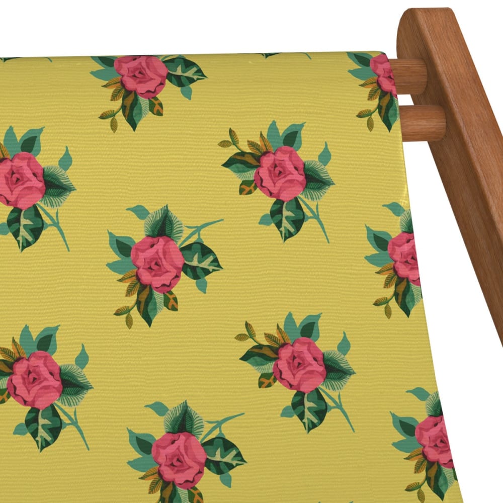 Chilienne pliante en hêtre lasuré et toile imprimé fleuri jaune