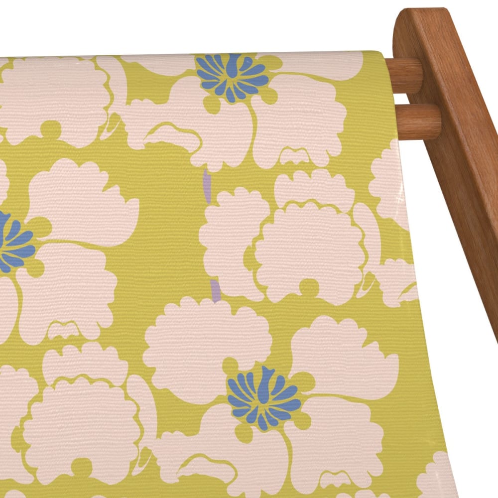 Chilienne pliante en hêtre lasuré et toile imprimé fleurs jaune
