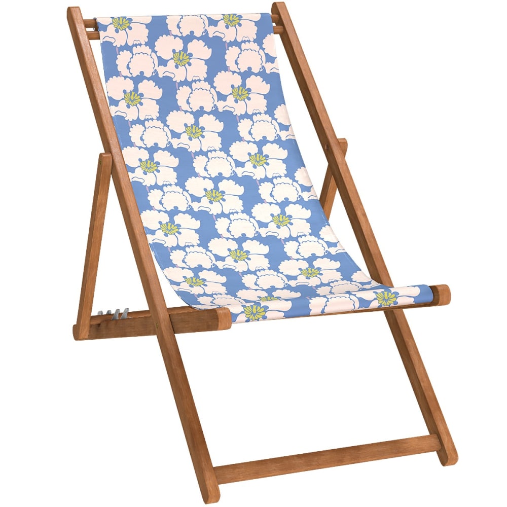 Chilienne pliante en hêtre lasuré et toile imprimé fleurs bleu