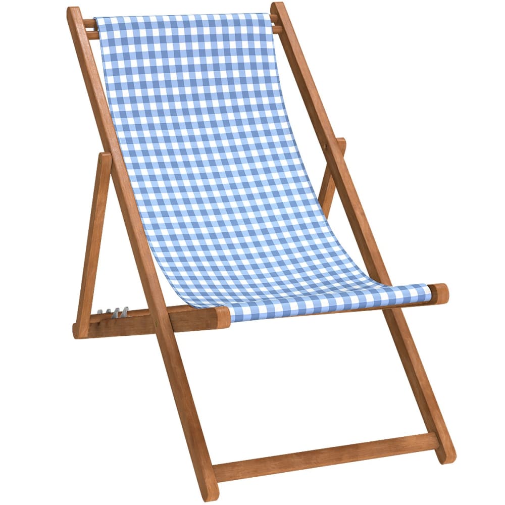 Chilienne pliante en hêtre lasuré et toile imprimé vichy bleu