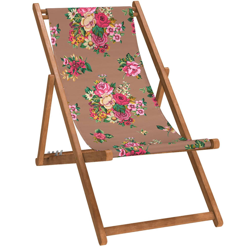 Chilienne pliante en hêtre lasuré et toile imprimé fleuri moka