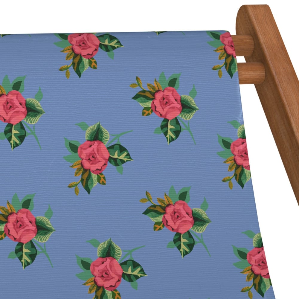 Chilienne pliante en hêtre lasuré et toile imprimé fleuri bleu