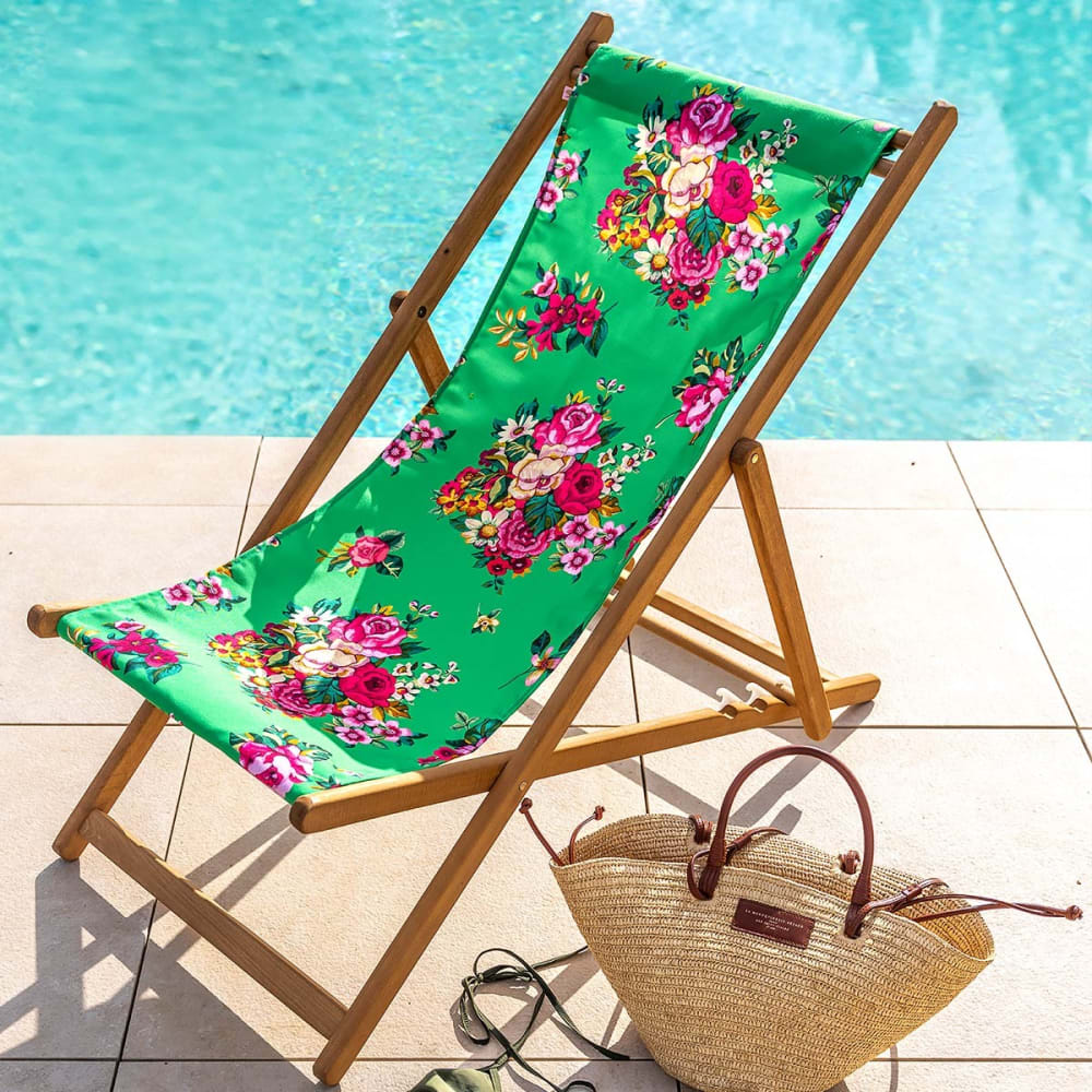 Chilienne pliante en hêtre lasuré et toile imprimé fleuri vert