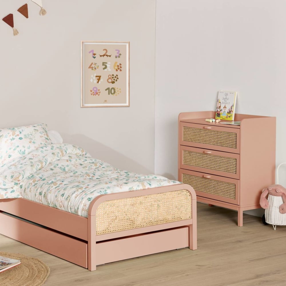 Commode 3 tiroirs effet bois et cannage terracotta