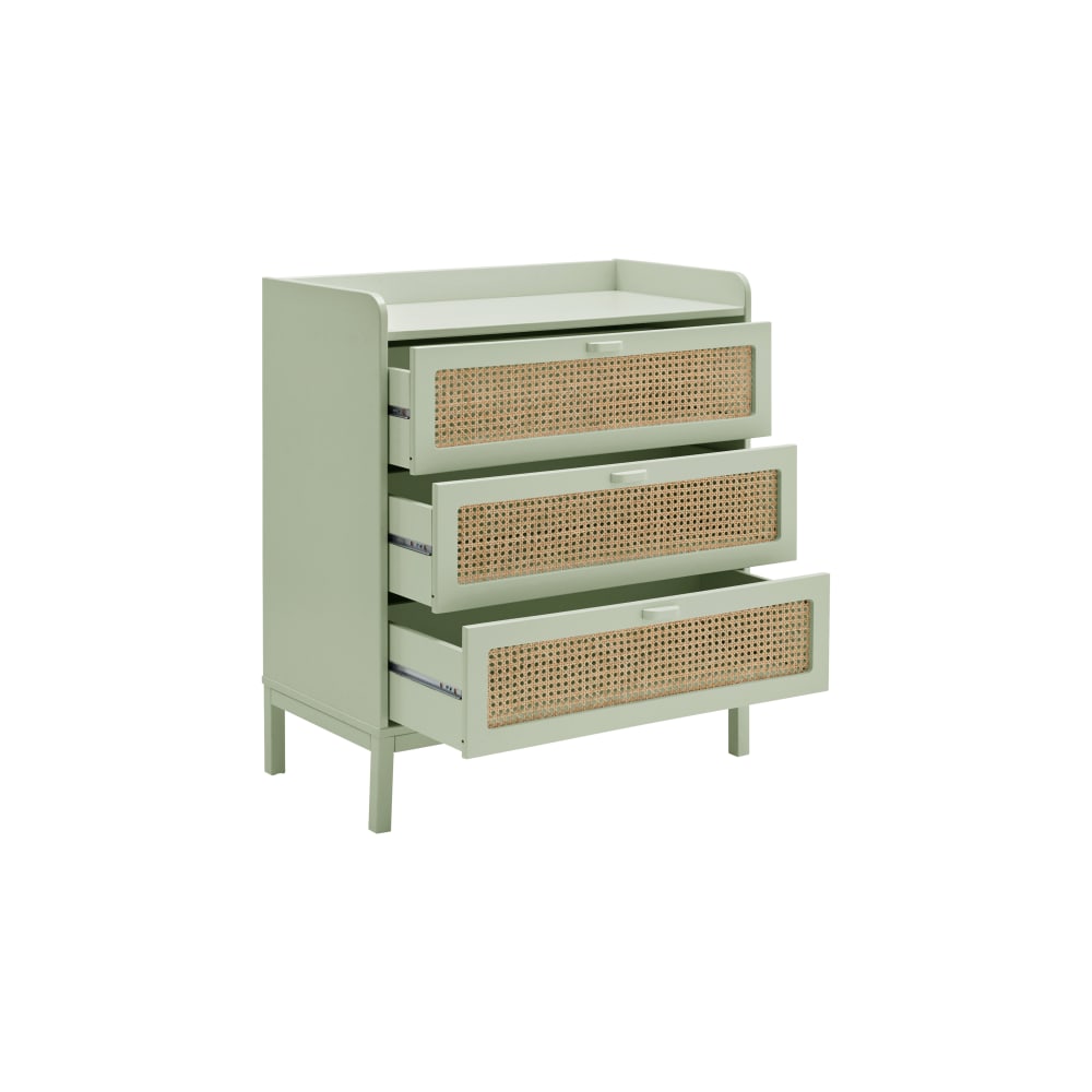 Commode 3 tiroirs effet bois et cannage vert sauge (CAMIF) - Image 2