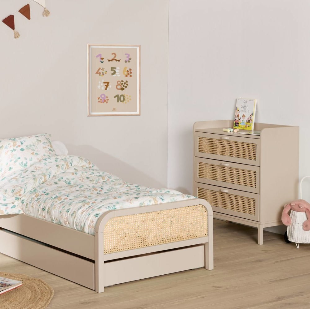 Commode 3 tiroirs effet bois et cannage beige (CAMIF) - Image 1