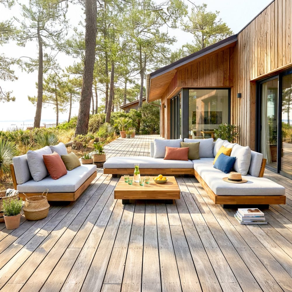 Salon de jardin 7 places - bois FSC - Canapé 5 pl, Canapé 2 pl, table