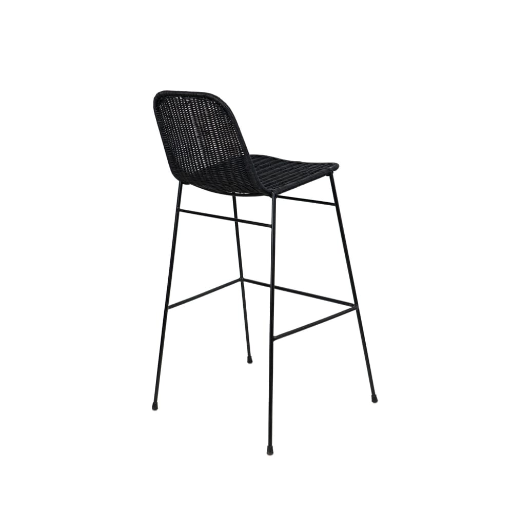 Tabouret haut en rotin naturel noir et pieds en métal noir