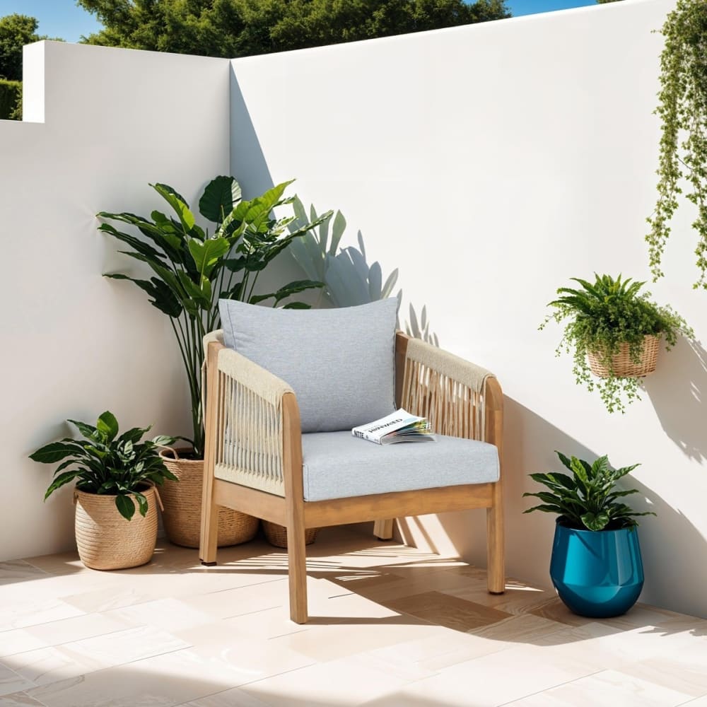 Lot de 2 fauteuils de jardin, bois FSC - coussins gris chiné - gris