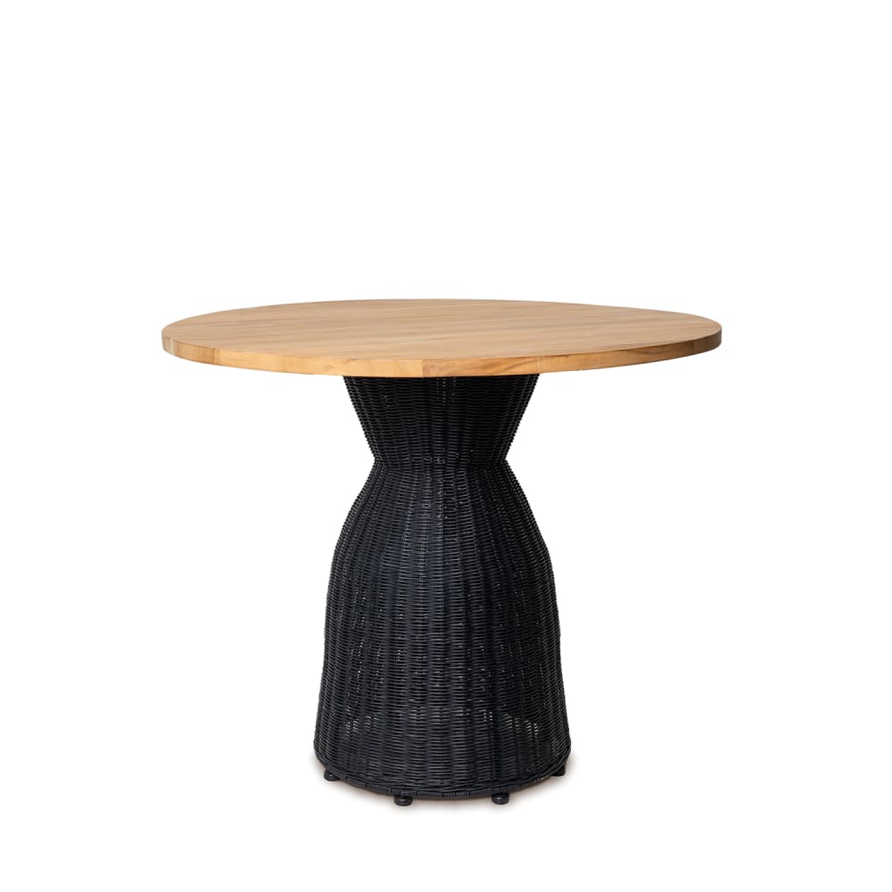 mesa redonda de rattan en color roble con base en negro