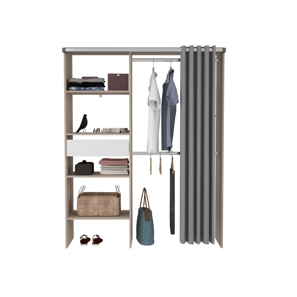 Dressing avec rideau, 4 étagères, 2 penderies et un tiroir bois et bla