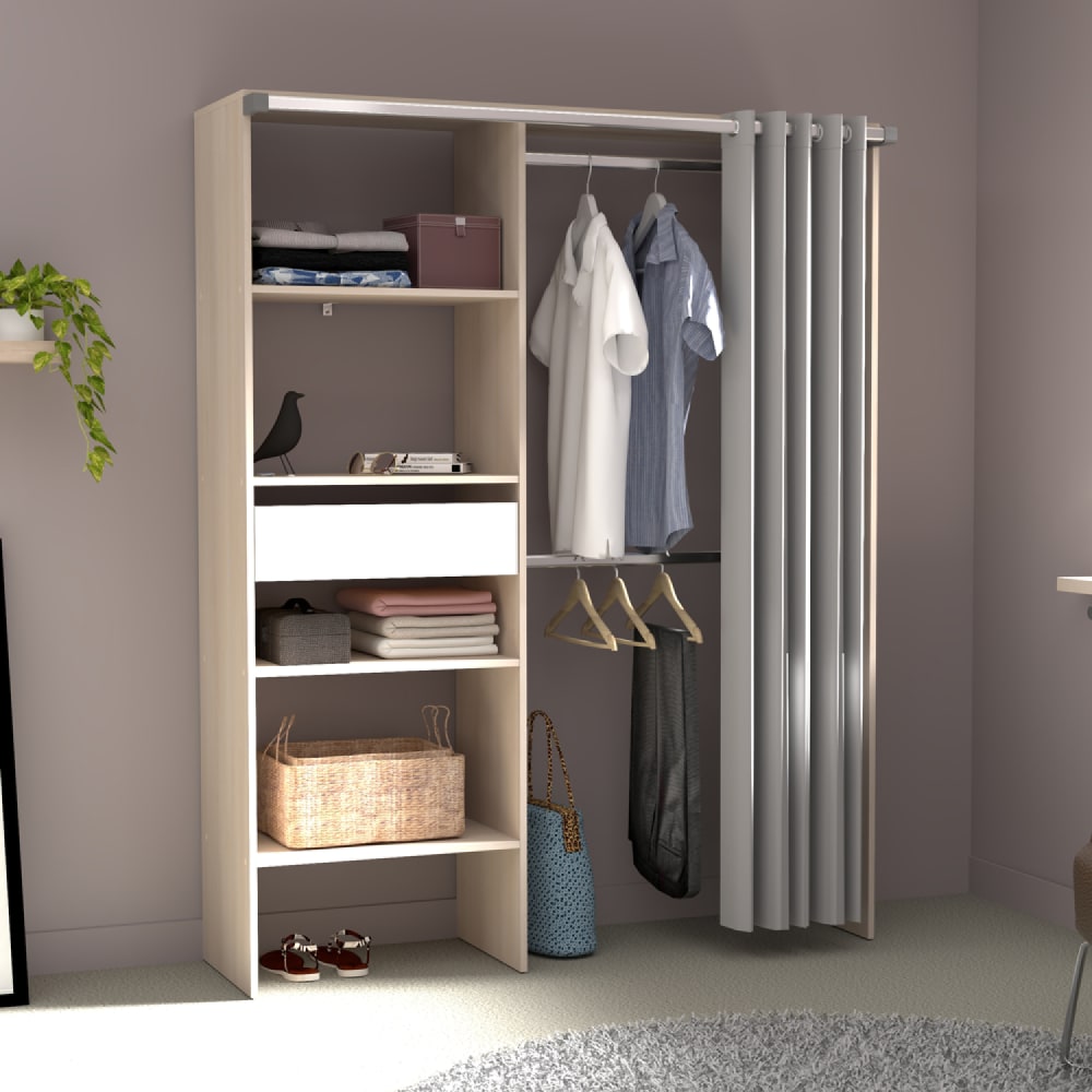 Dressing rideau 4 étagères 2 penderies 1 tiroir bois et blanc