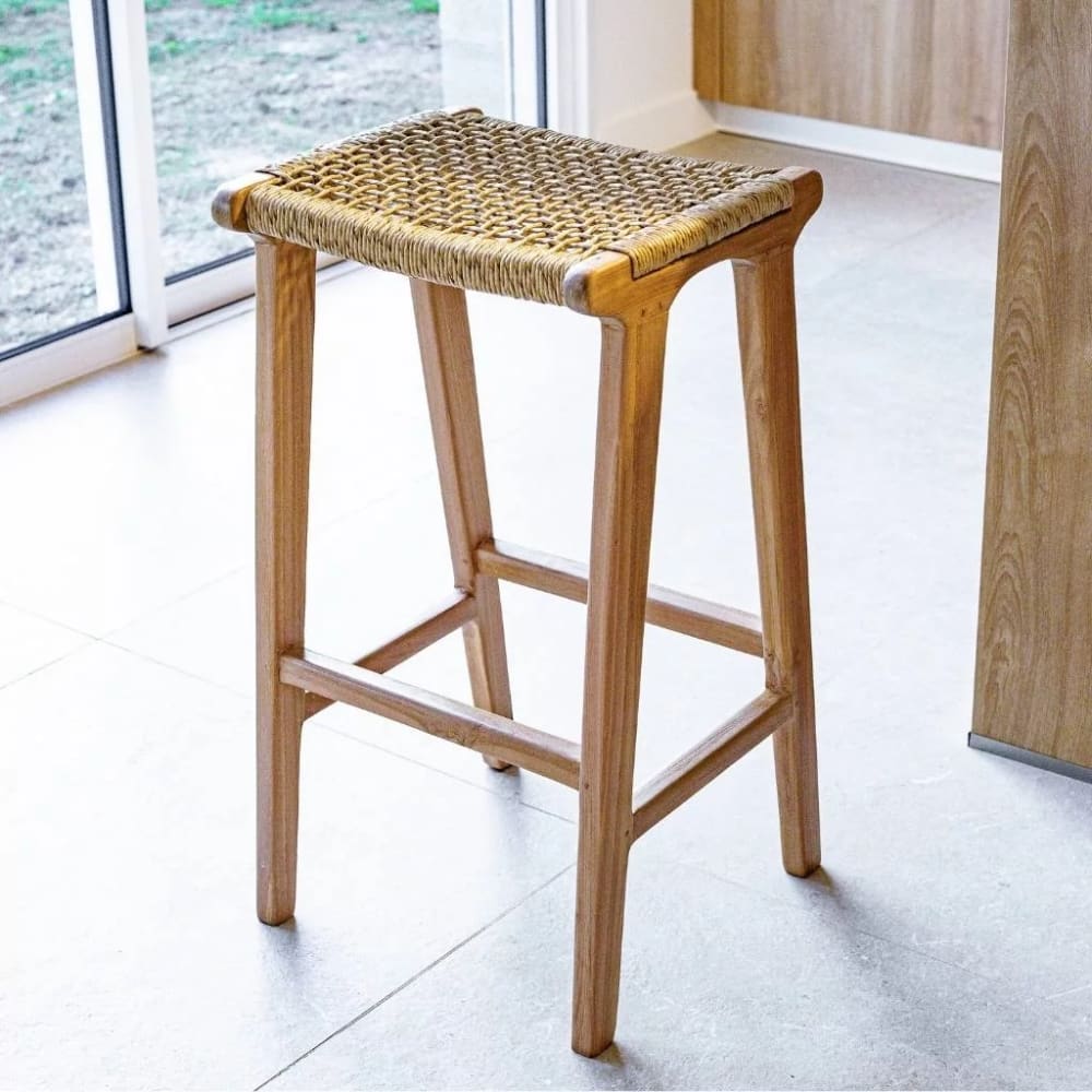 Tabouret de bar en teck et corde synthétique
