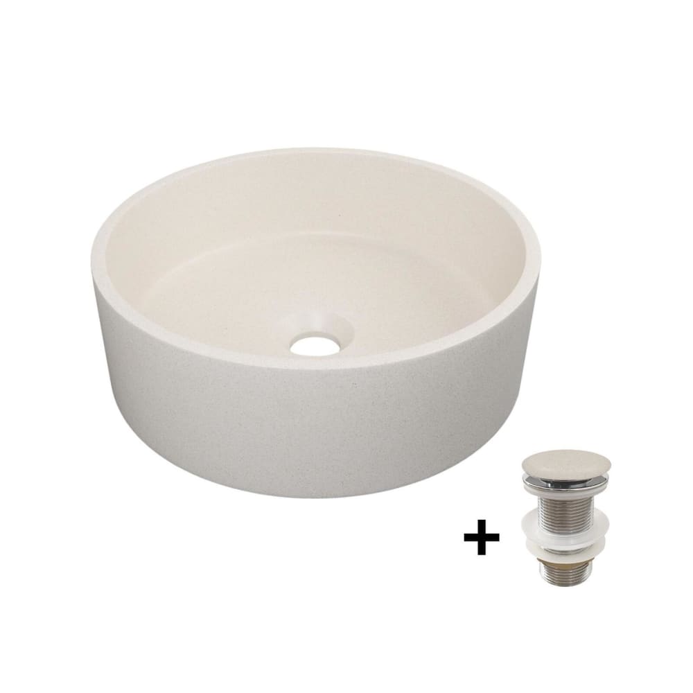 Mob In rundes Aufsatzwaschbecken aus Steinzeug 36x36cm + Ablaufgarnitur Beige Beton
