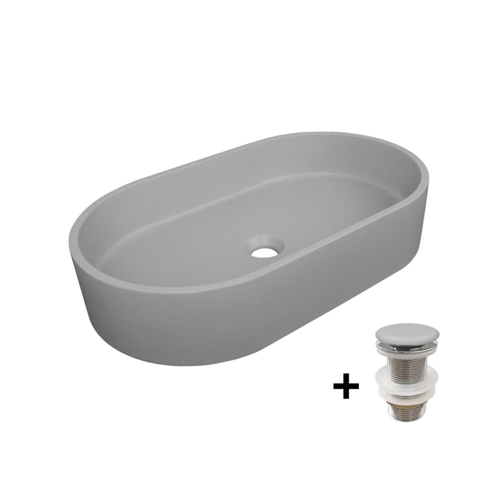 Mob In Ovales Aufsatzwaschbecken aus glattem Beton 60x35cm + -Ablaufgarnitur Grau Beton