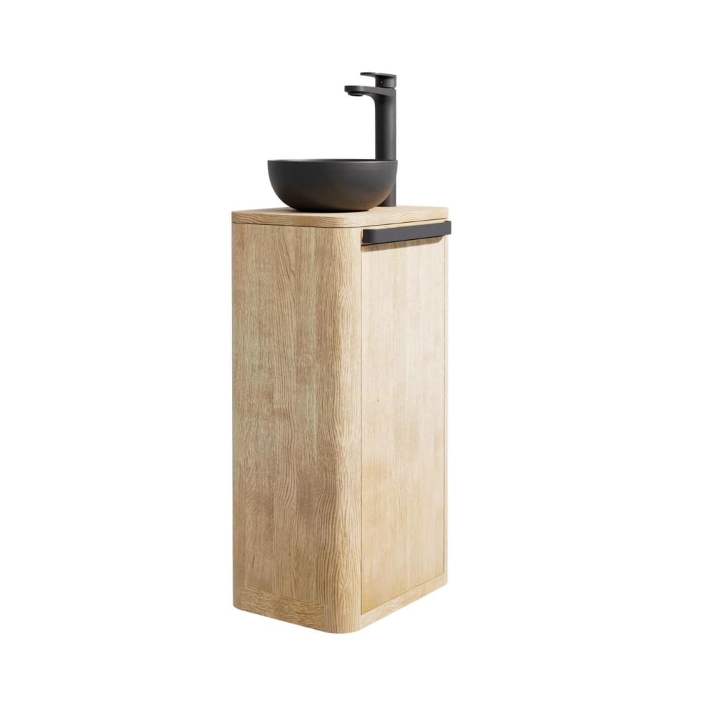 Ensemble lave-mains totem en chêne massif  avec vasque et robinet noir