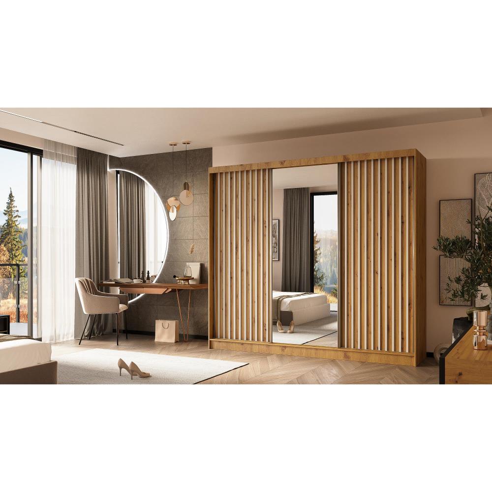 Schiebetürenschrank mit Lamellen 240 cm eiche Artisan+weiß -