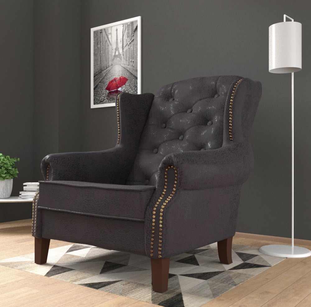 Fauteuil Chesterfield style vintage à oreilles microfibre, gris foncé