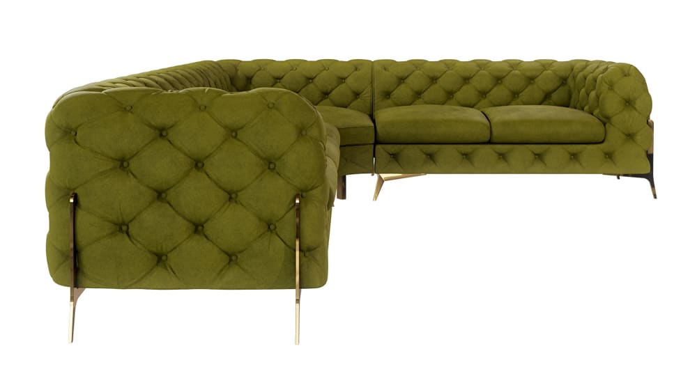 Ecksofa Chesterfield aus Samt mit goldenen Metall-Füßen, Olive -