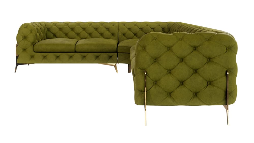 Ecksofa Chesterfield aus Samt mit goldenen Metall-Füßen, Olive -